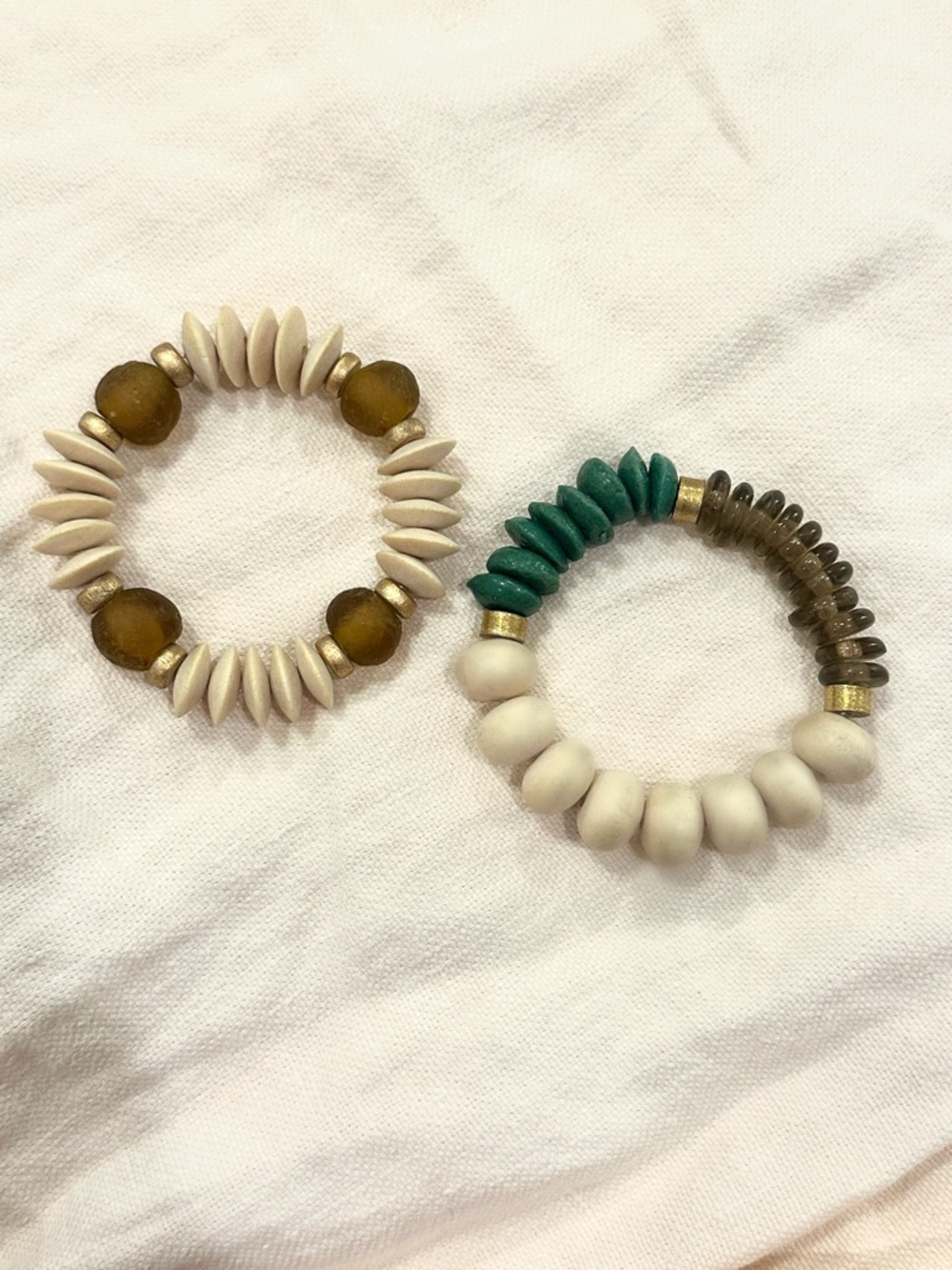 Set of Two Beaded Stretch Bracelets — Cream, Olive, Teal